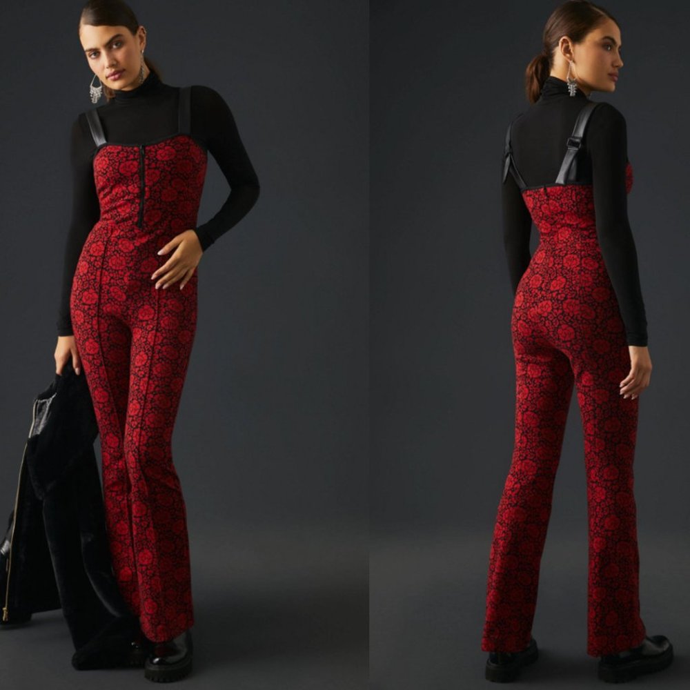 Maeve Red and Black Floral Jacquard Jumpsuit